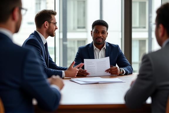 Professional legal consultant in a bright London office discussing a document with a client